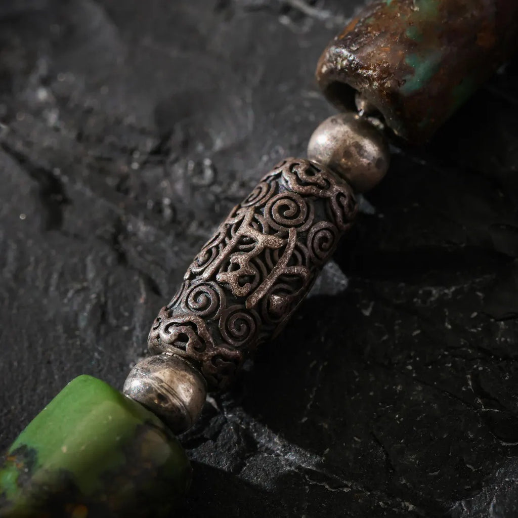 Dharma Deer Turquoise & Sterling Silver Skull Necklace | Om Mani Padme Hum Engraved Beads