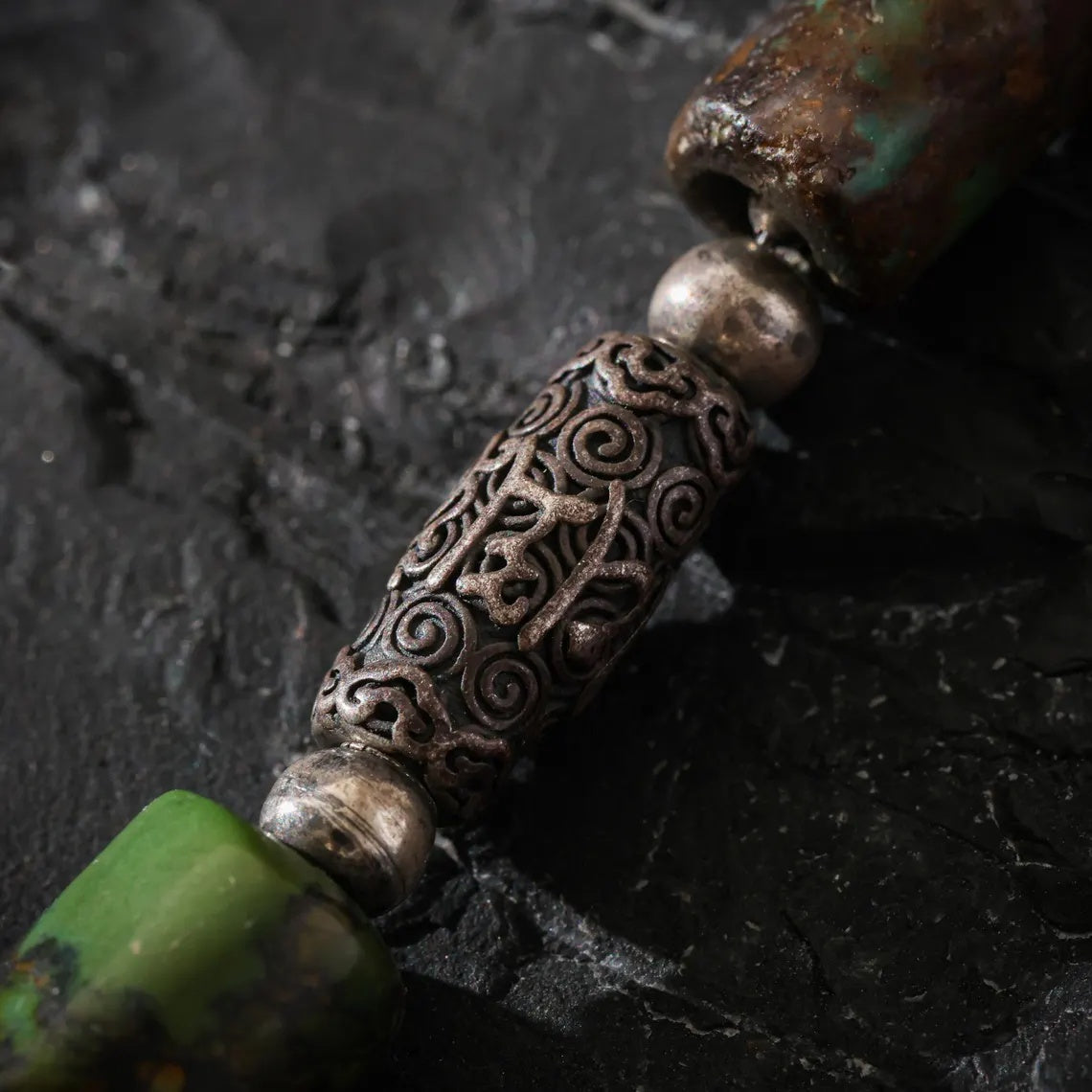 Dharma Deer Turquoise & Sterling Silver Skull Necklace | Om Mani Padme Hum Engraved Beads
