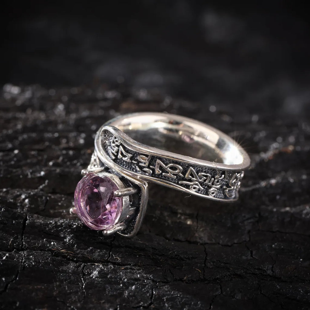 Dharma Deer Natural Amethyst Ring Om Mani Padme Hum