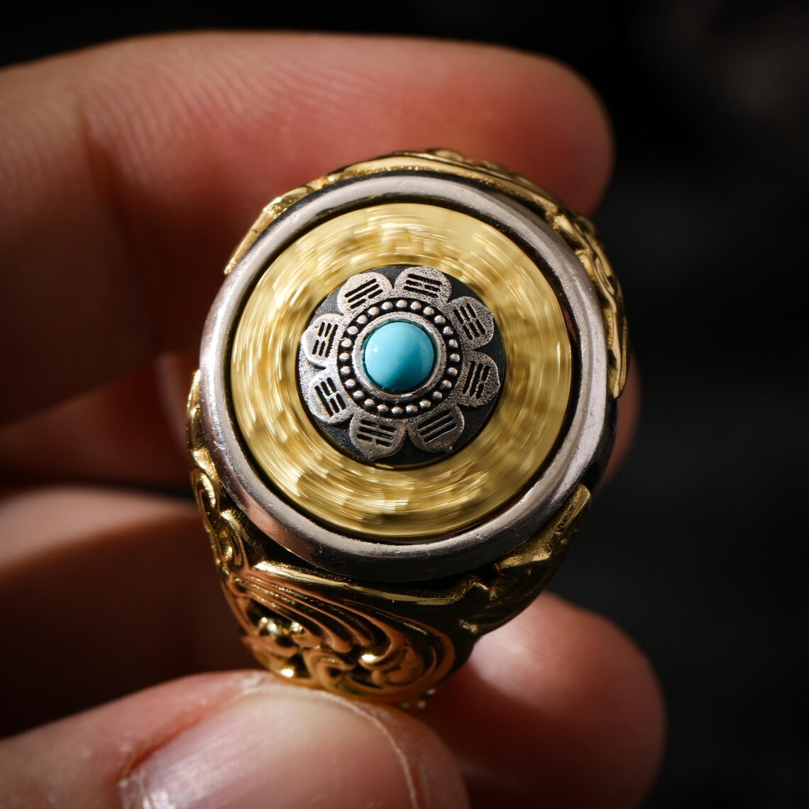Dharma Deer Eight Trigrams Turquoise Ring Two-Tone Tibetan Statement Adjustable Ring