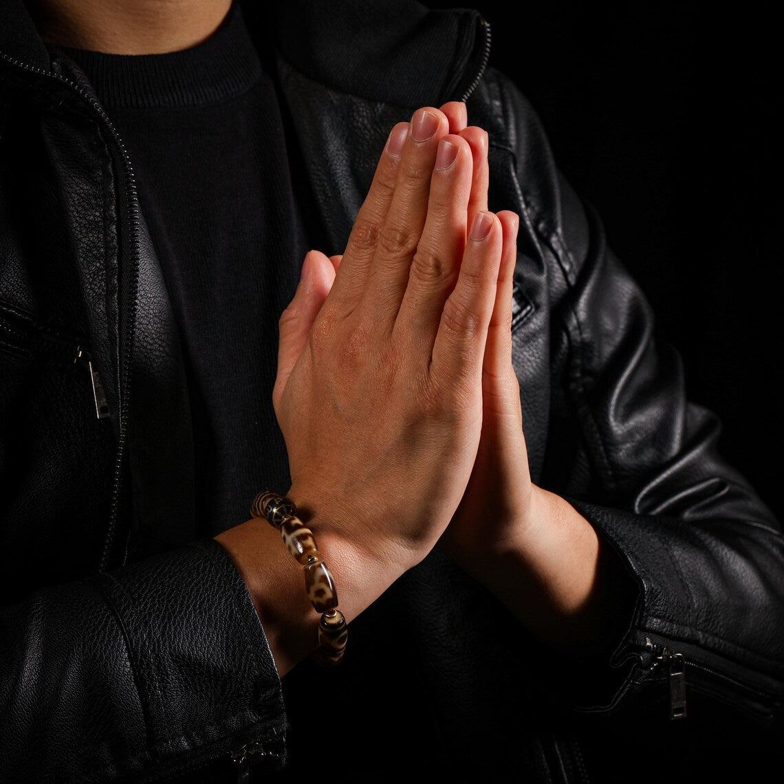 Dharma Deer Tibetan Dzi Bead Bracelet, Om Mani Padme Hum Accent Bead