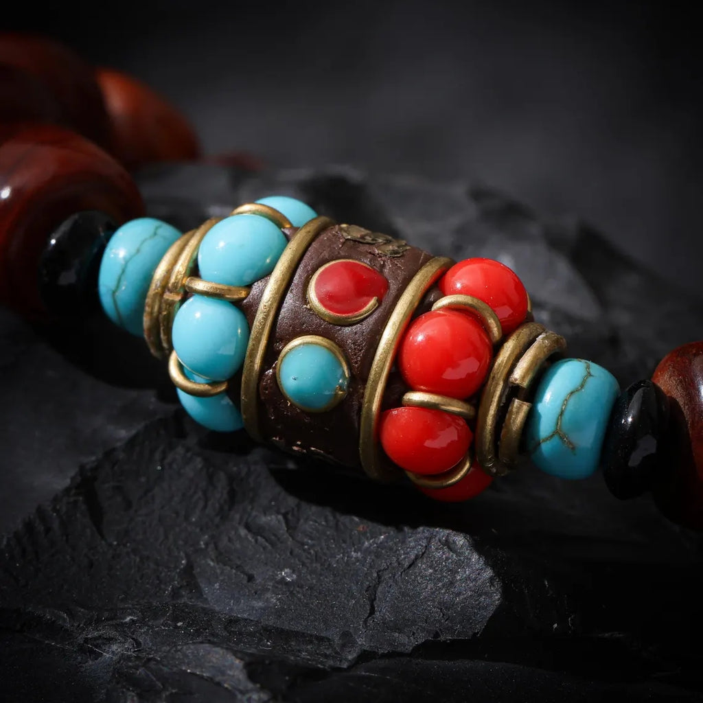 Dharma Deer Tibetan Yak Bone Bracelet with Turquois, Red Agate Accents