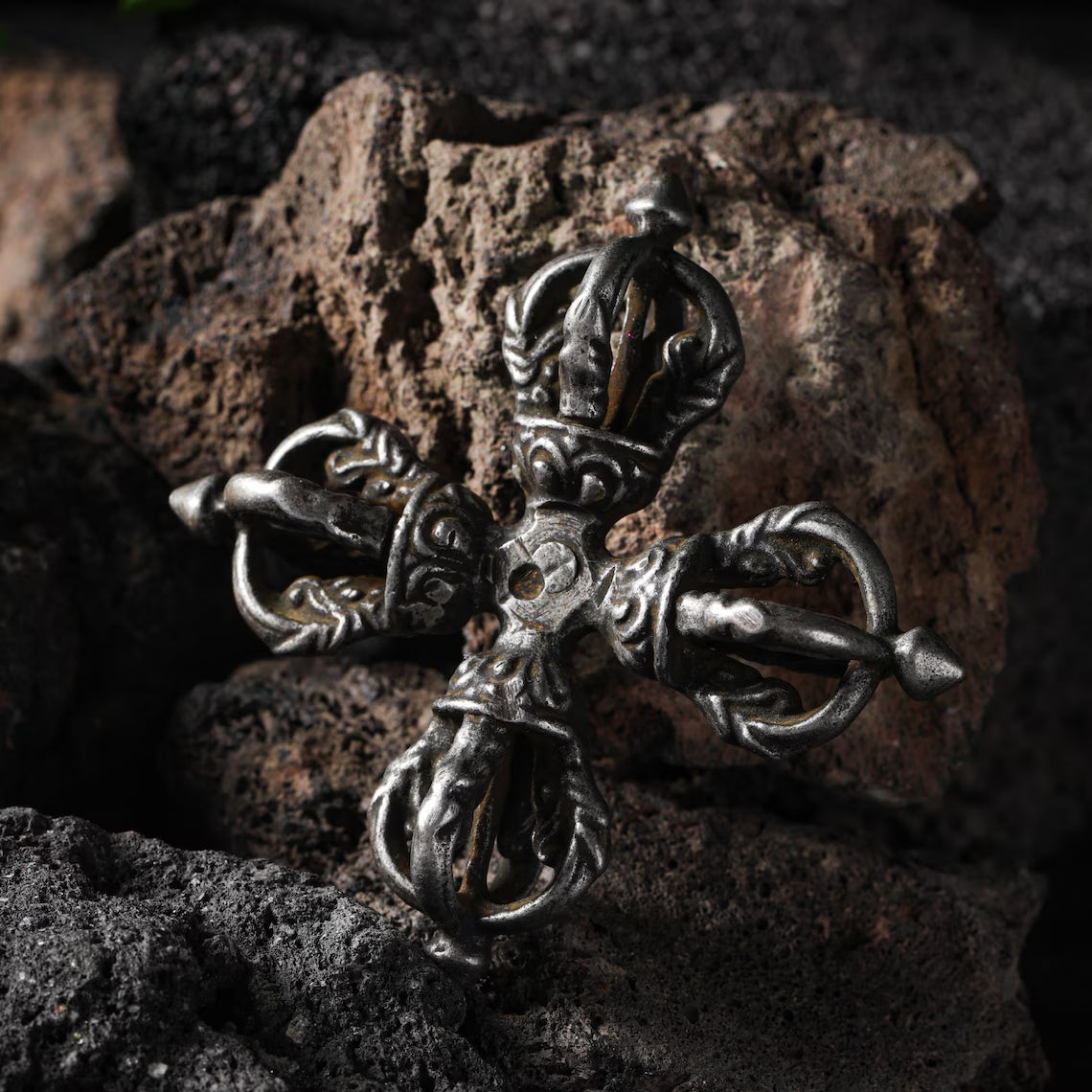 Dharma Deer Tibetan Double Dorje Altar Piece, Five-Prong Vishvavajra Cross Vajra Decor
