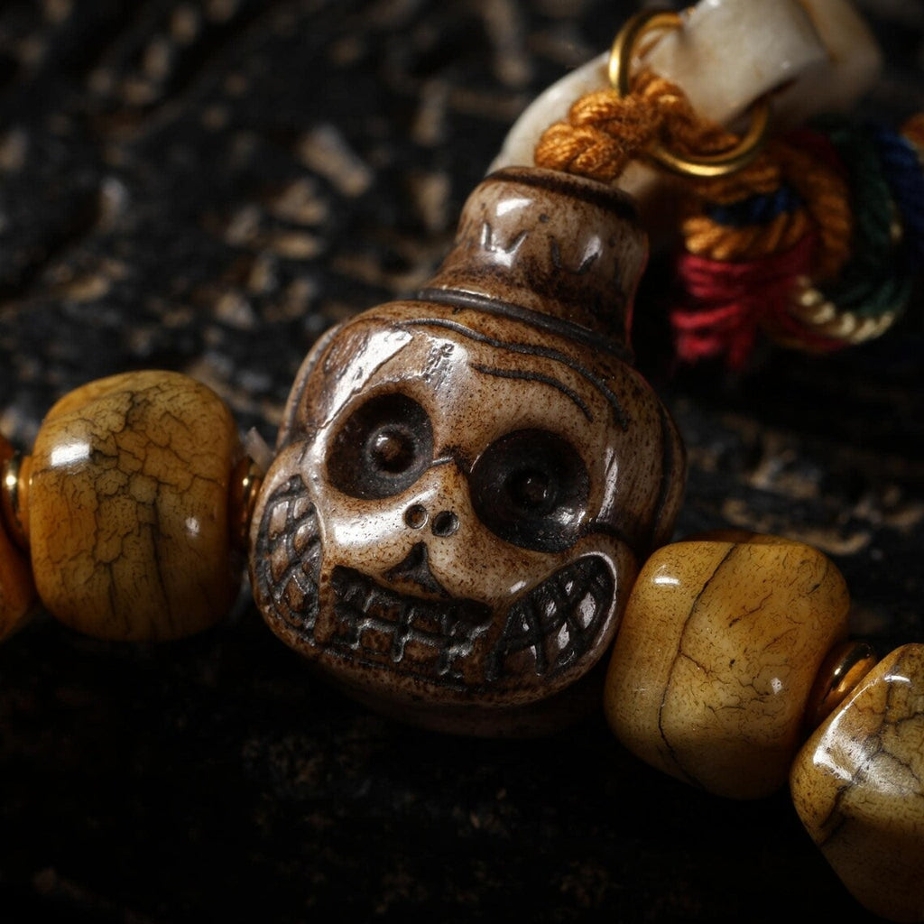 Dharma Deer Yak Bone Carved Skull Bracelet Amulet