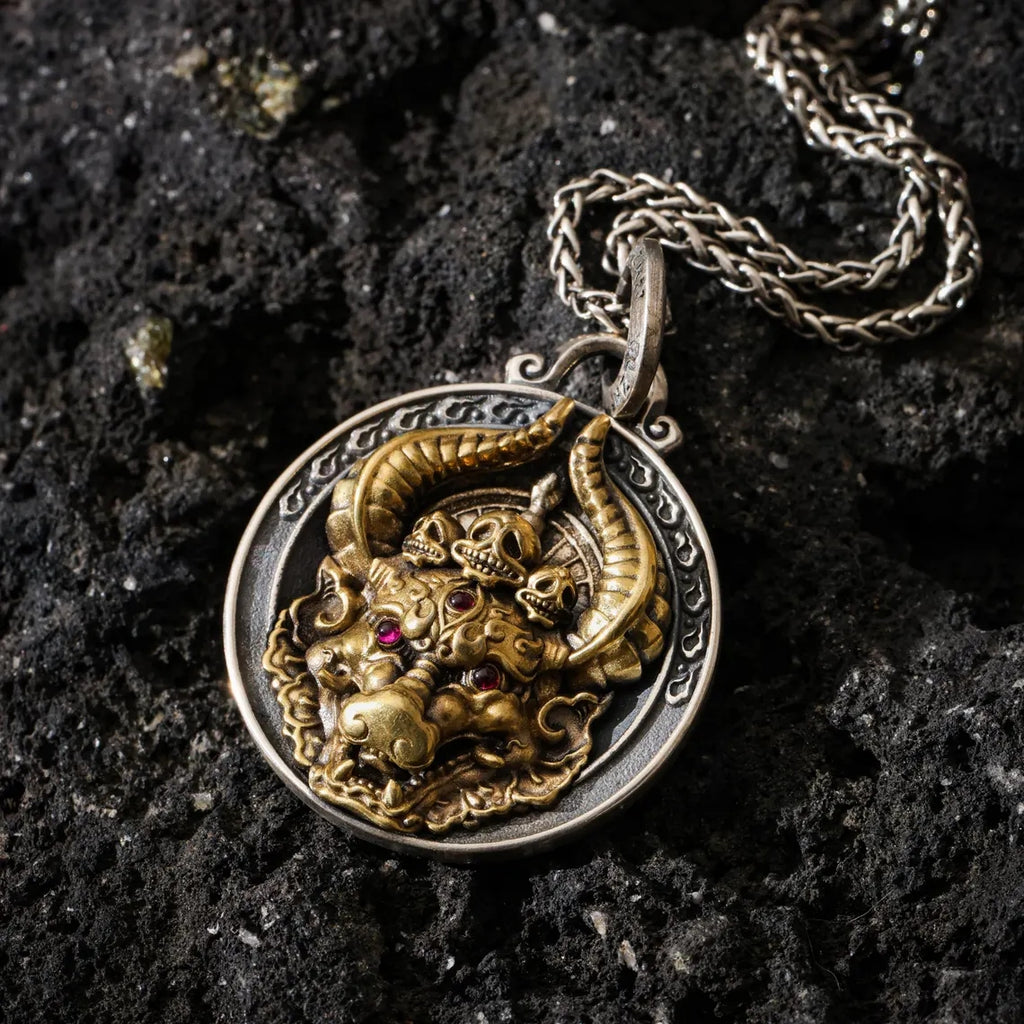 Dharma Deer Yamantaka Pendant Sterling Silver Protector Amulet Tibetan Talisman Necklace