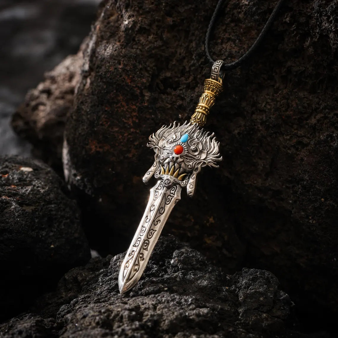 Dharma Deer Phurba Dagger Sword Pendant Two-Tone Tibetan Statement Necklace