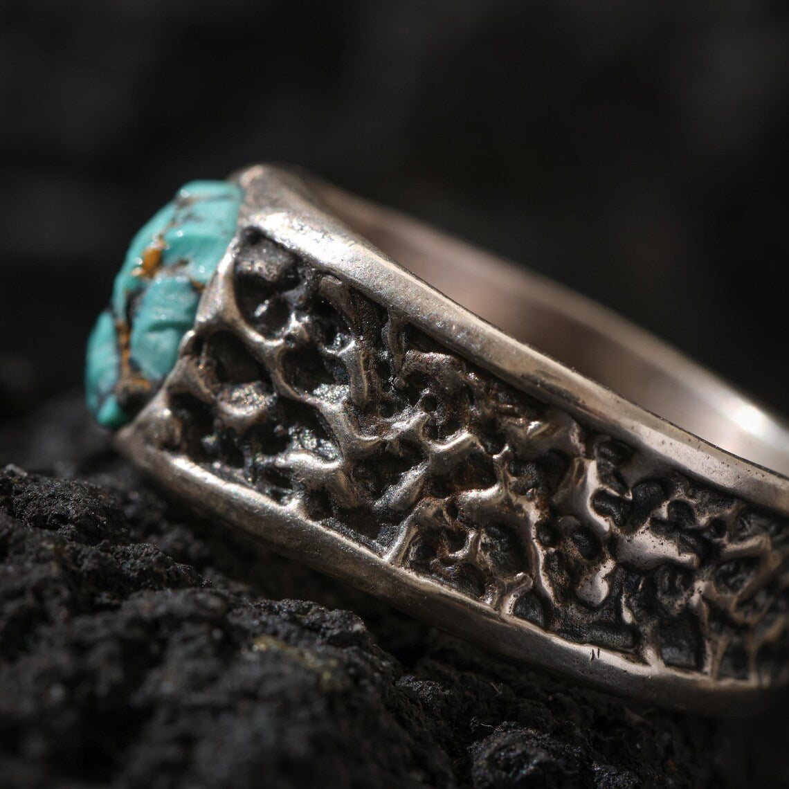Dharma Deer Turquoise Sterling Silver Ring | Engraved Adjustable Statement