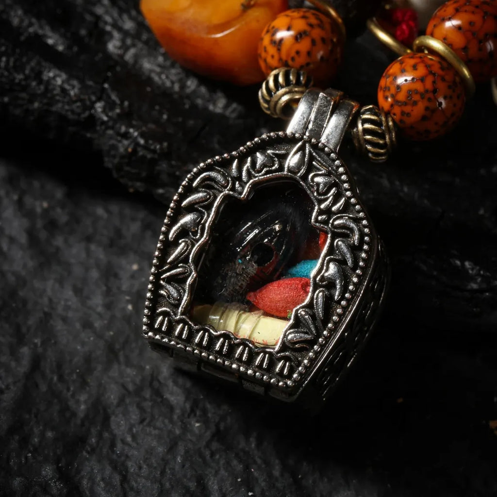 Dharma Deer Tibetan Bodhi Mala Necklace with Gau Amulet