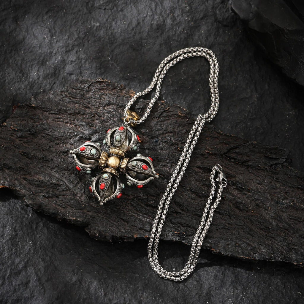 Dharma Deer Cross Vajra Pendant Tibetan Amulet
