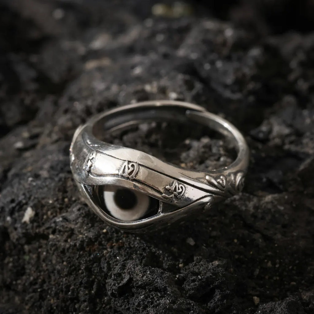 Dharma Deer Dzi Ring Sterling Silver Adjustable Tibetan Statement Ring