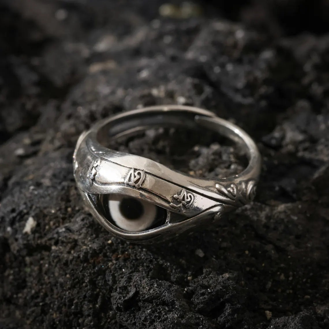 Dharma Deer Dzi Ring Sterling Silver Adjustable Tibetan Statement Ring