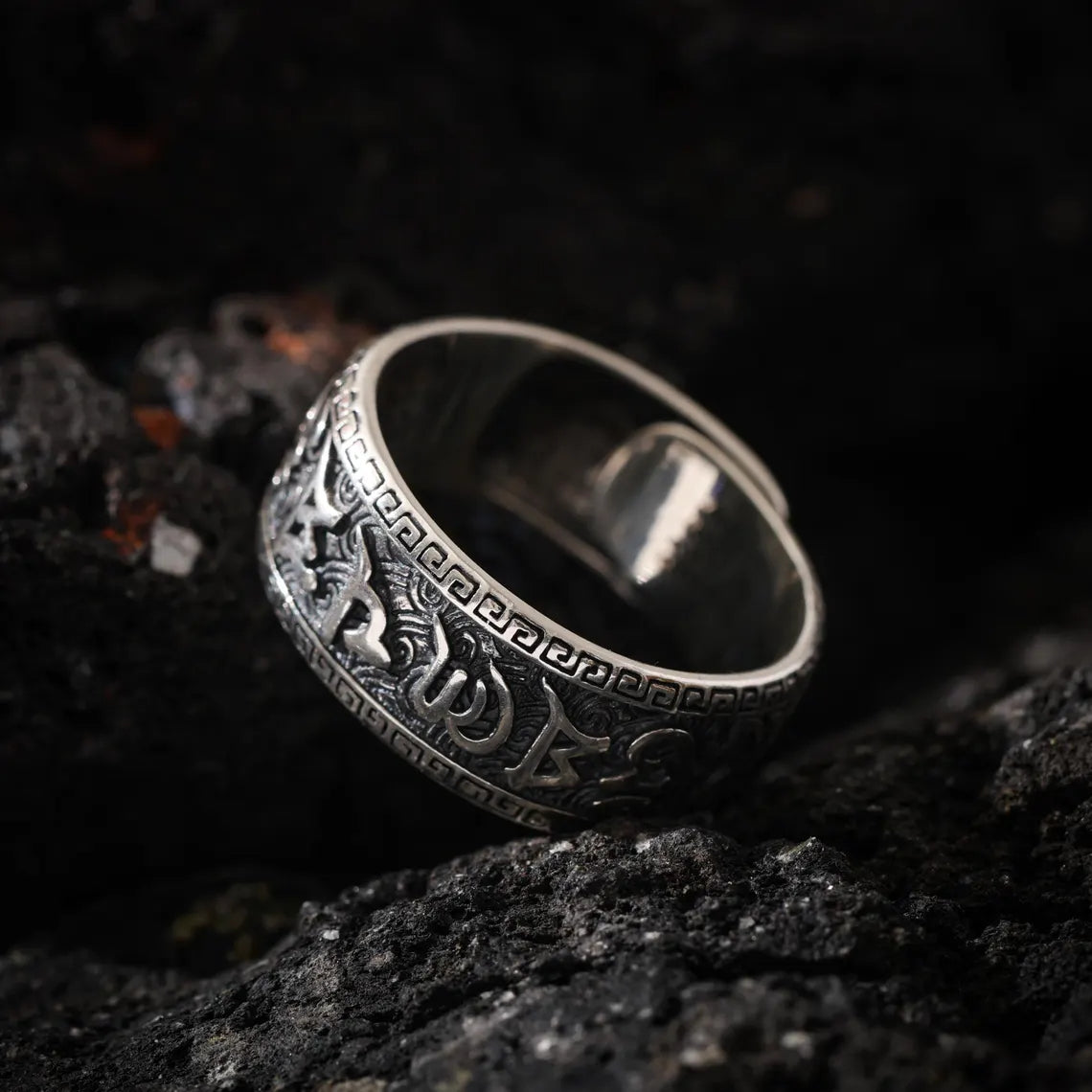 Dharma Deer Om Mani Padme Hum Ring Tibetan Mantra Band Adjustable Silver Ring