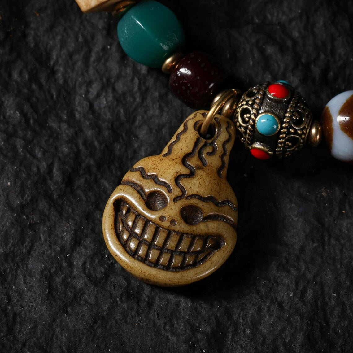 Dharma Deer Yak Bone Bracelet Tibetan Amulet Smiling Fool
