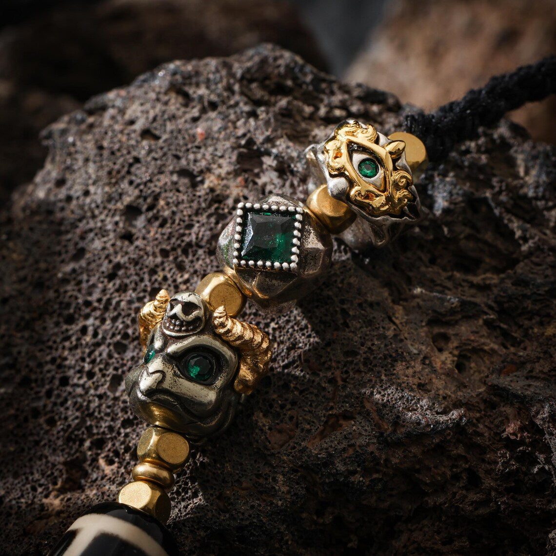Dharma Deer Tibetan Dzi Bead Necklace, Garuda Charms, Gemstone Accents, Adjustable