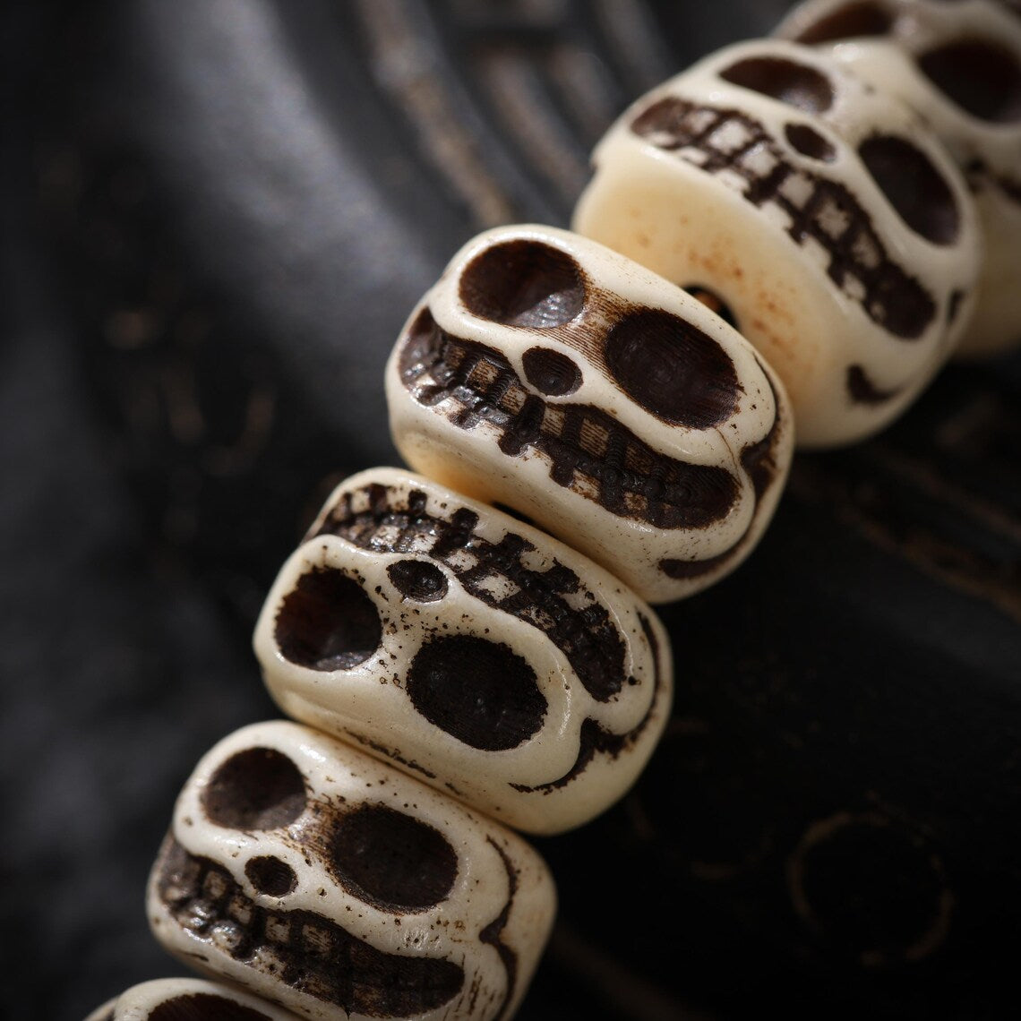 Dharma Deer Bone Smiling Skull Necklace Mala Beads