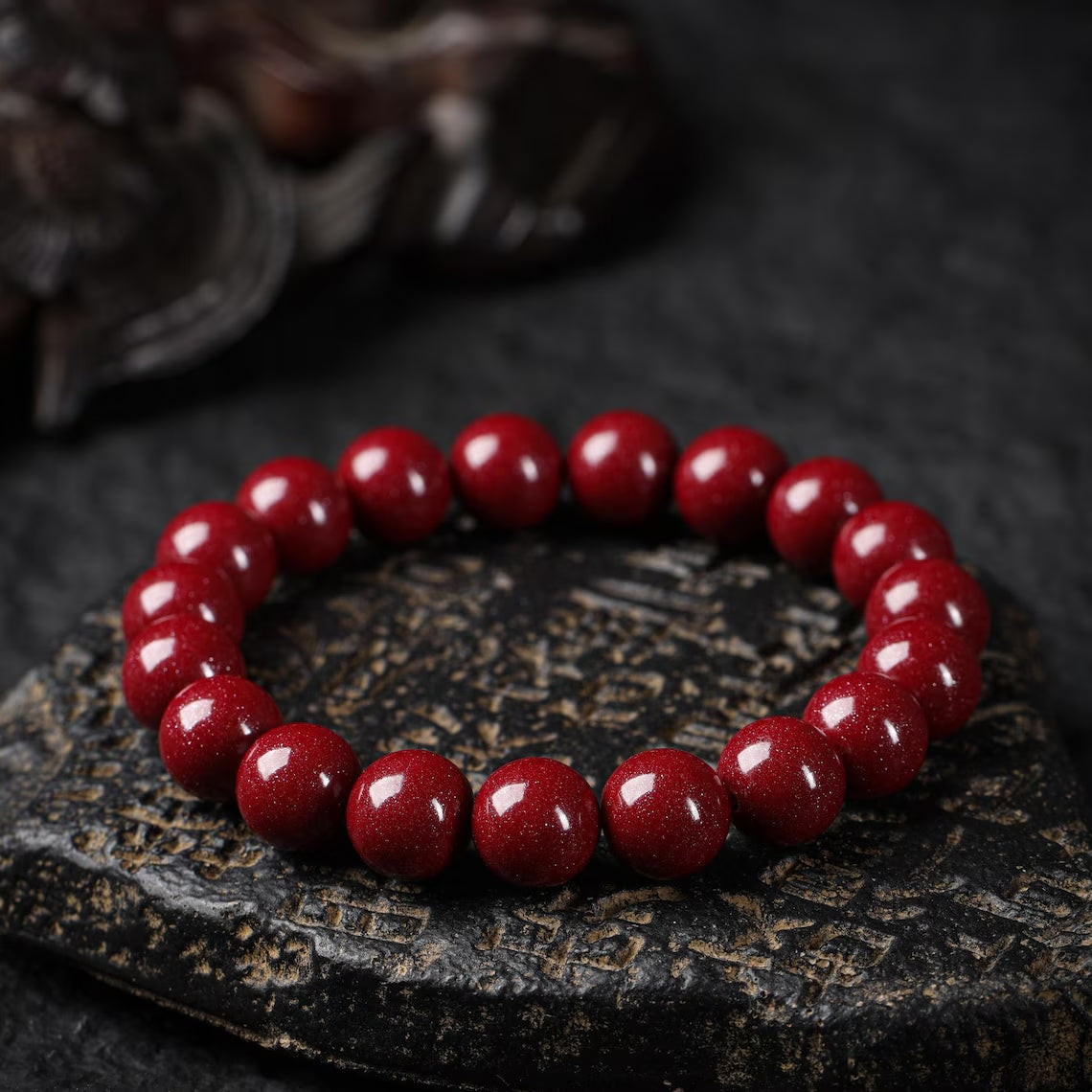 Dharma Deer Cinnabar Amulet Mala Bead Bracelet
