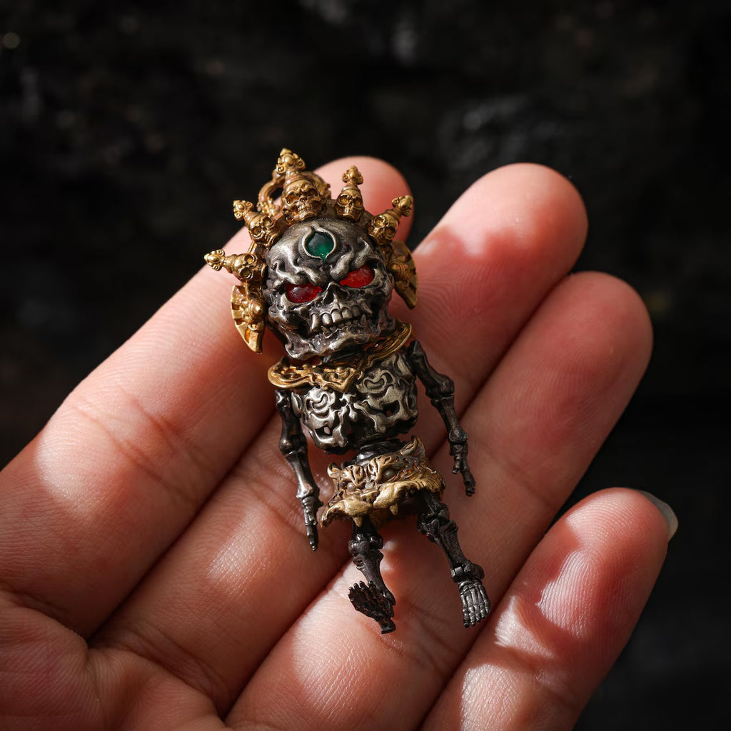 Dharma Deer Tibetan Skull Skeleton Pendant Necklace, Articulated Charm, Movable Joints