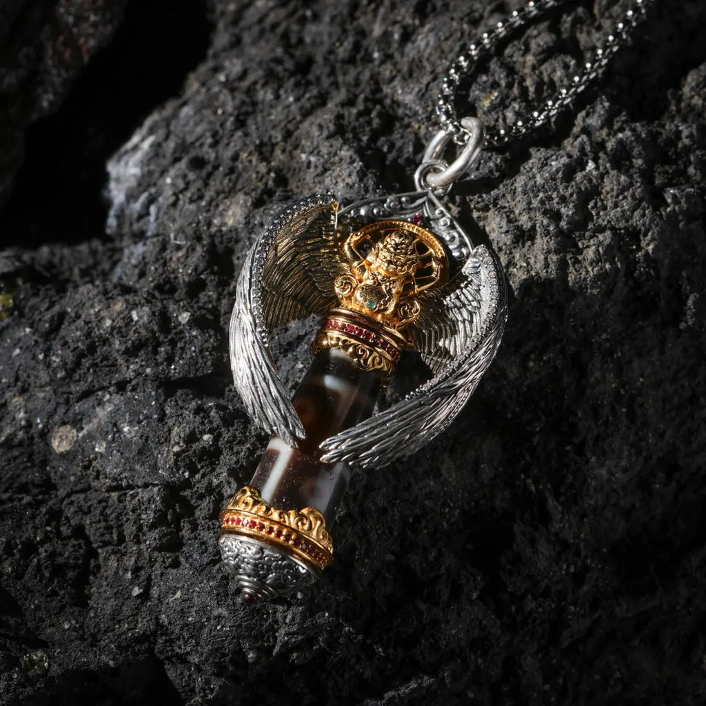 Dharma Deer Garuda Six-Eyed Dzi Bead Pendant Necklace Rotating Wheel Tibetan Amulet
