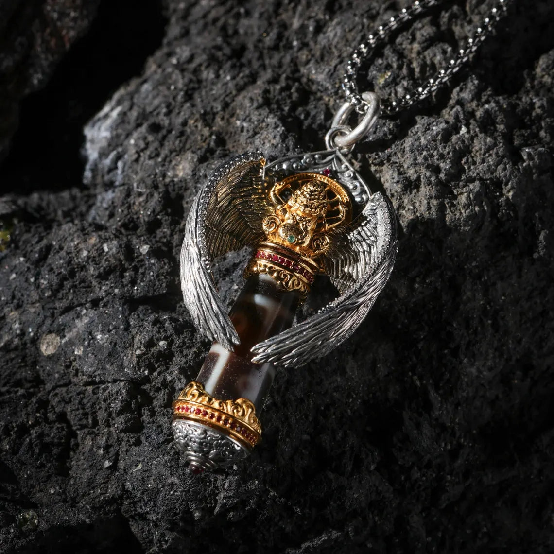 Dharma Deer Garuda Six-Eyed Dzi Bead Pendant Necklace Rotating Wheel Tibetan Amulet