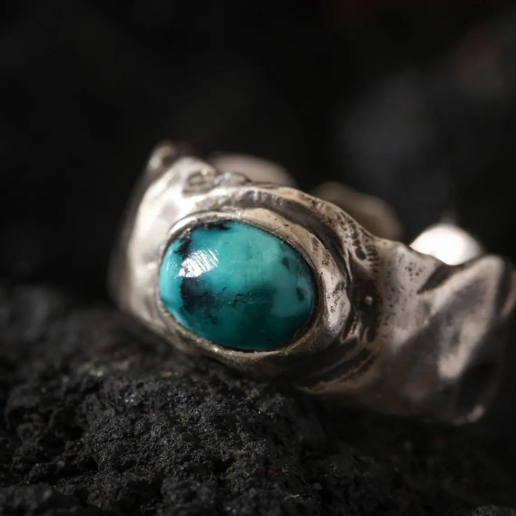 Dharma Deer Turquoise Ring | 925 Sterling Silver | Rustic Hammered Ring | Adjustable Unisex Jewelry