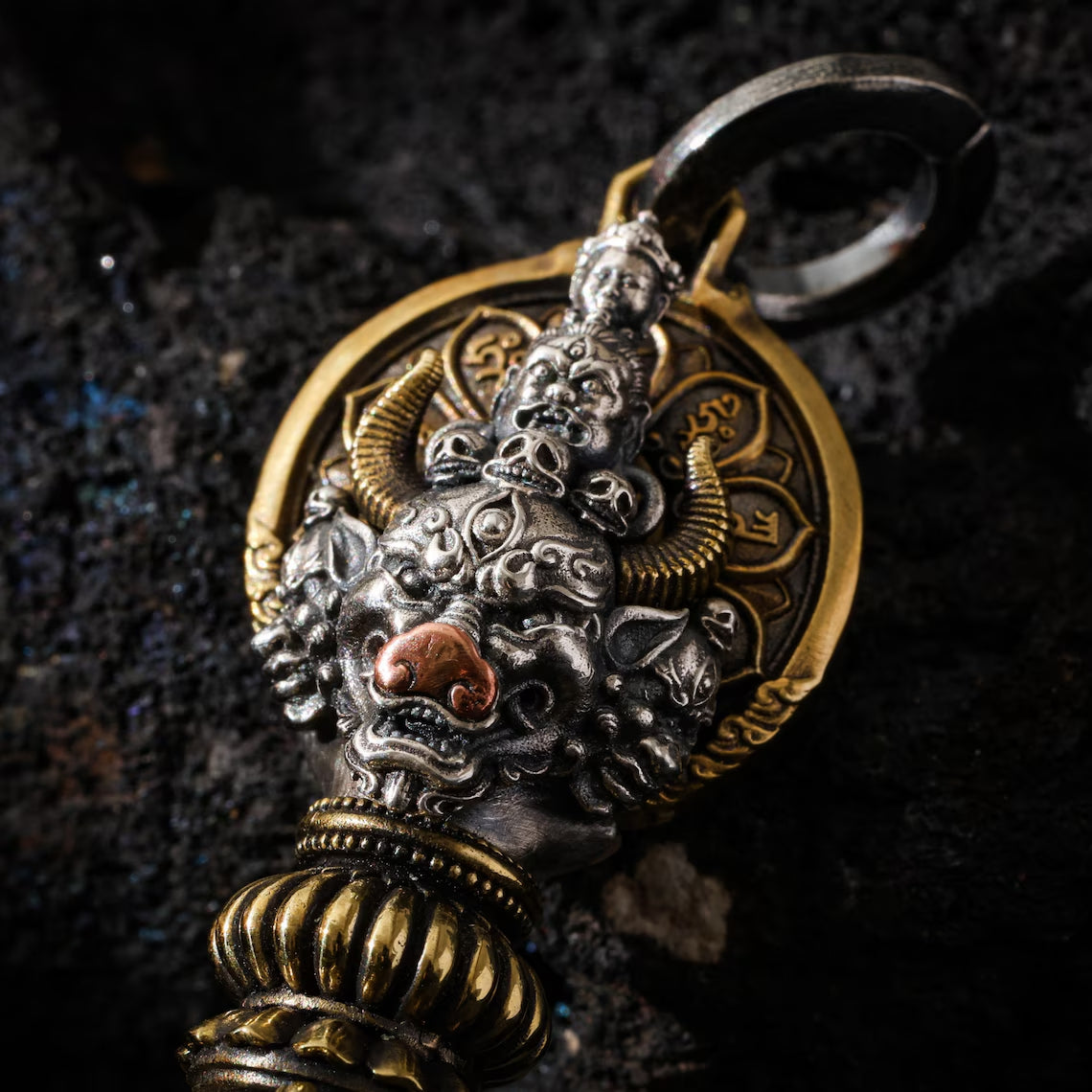 Dharma Deer Yamantaka Phurba Pendant, Sterling Silver Amulet Spinning Backplate