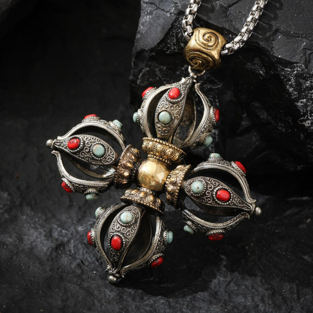 Dharma Deer Cross Vajra Pendant Tibetan Amulet