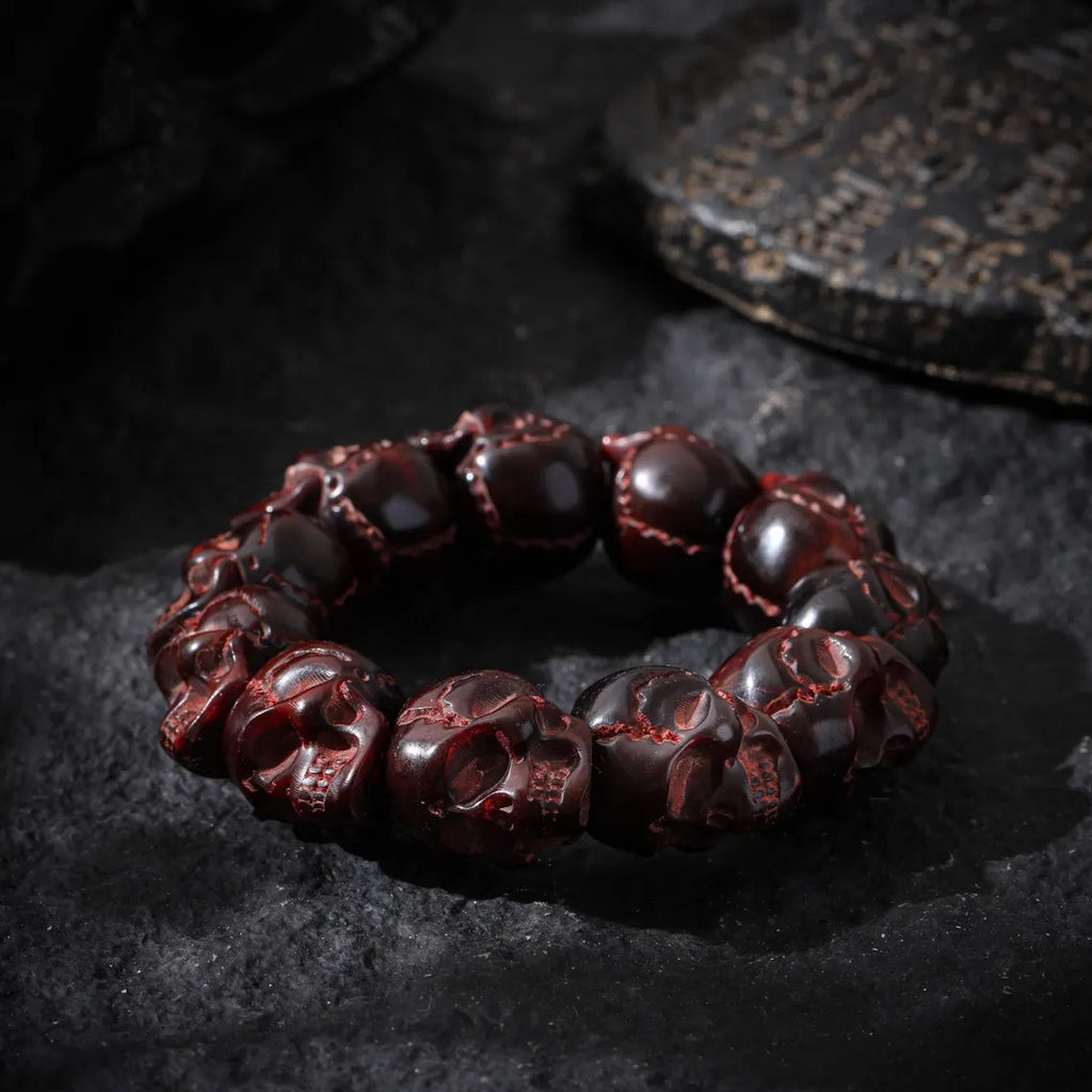 Dharma Deer Red Skull Yak Bone Bracelet Hand-Carved Oversized Beads 20mm