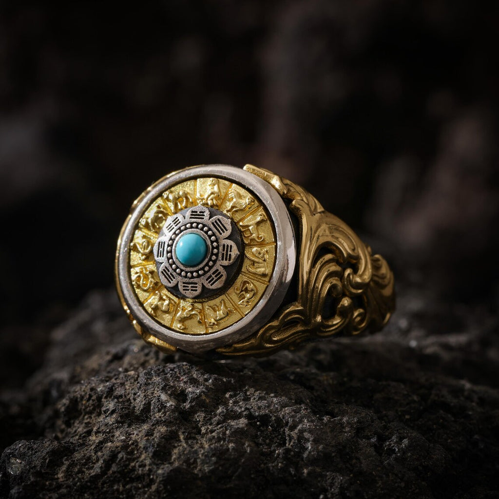 Dharma Deer Eight Trigrams Turquoise Ring Two-Tone Tibetan Statement Adjustable Ring