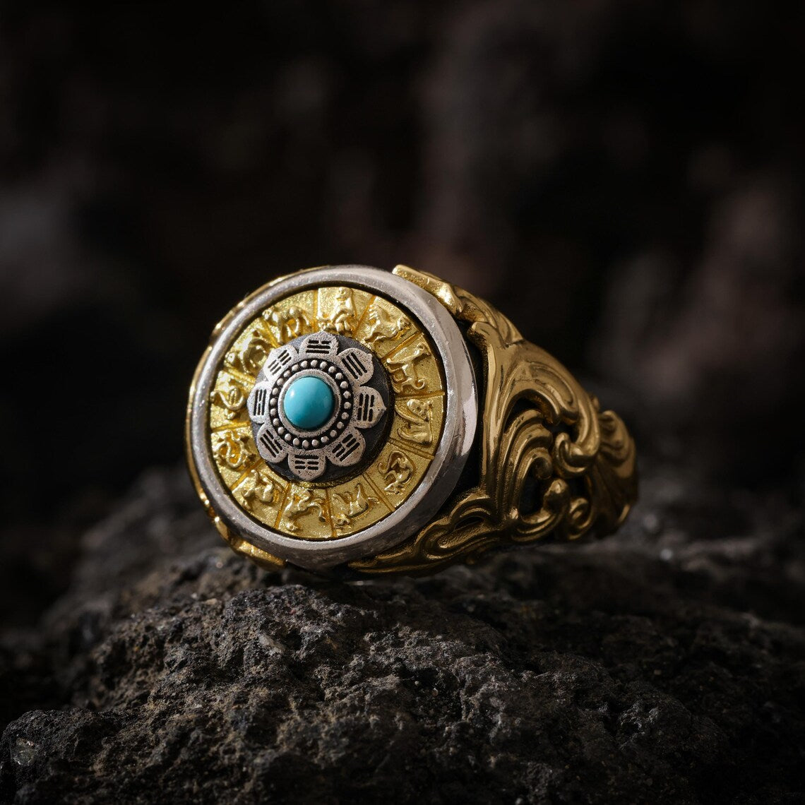 Dharma Deer Eight Trigrams Turquoise Ring Two-Tone Tibetan Statement Adjustable Ring
