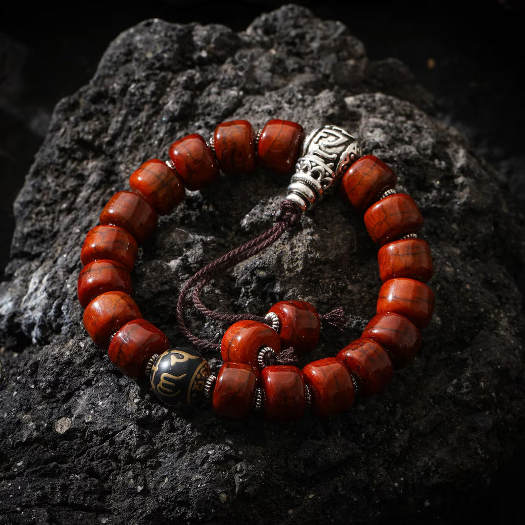 Dharma Deer Yak Bone Bracelet with Om Mani Padme Hum Bead, Adjustable Bracelet