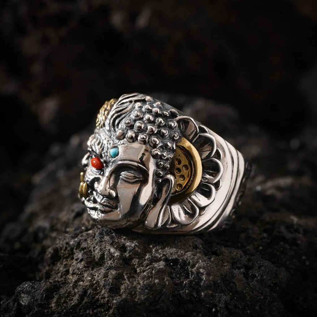 Dharma Deer Guardian Mask Statement Ring, Two-Tone Tibetan Adjustable Ring