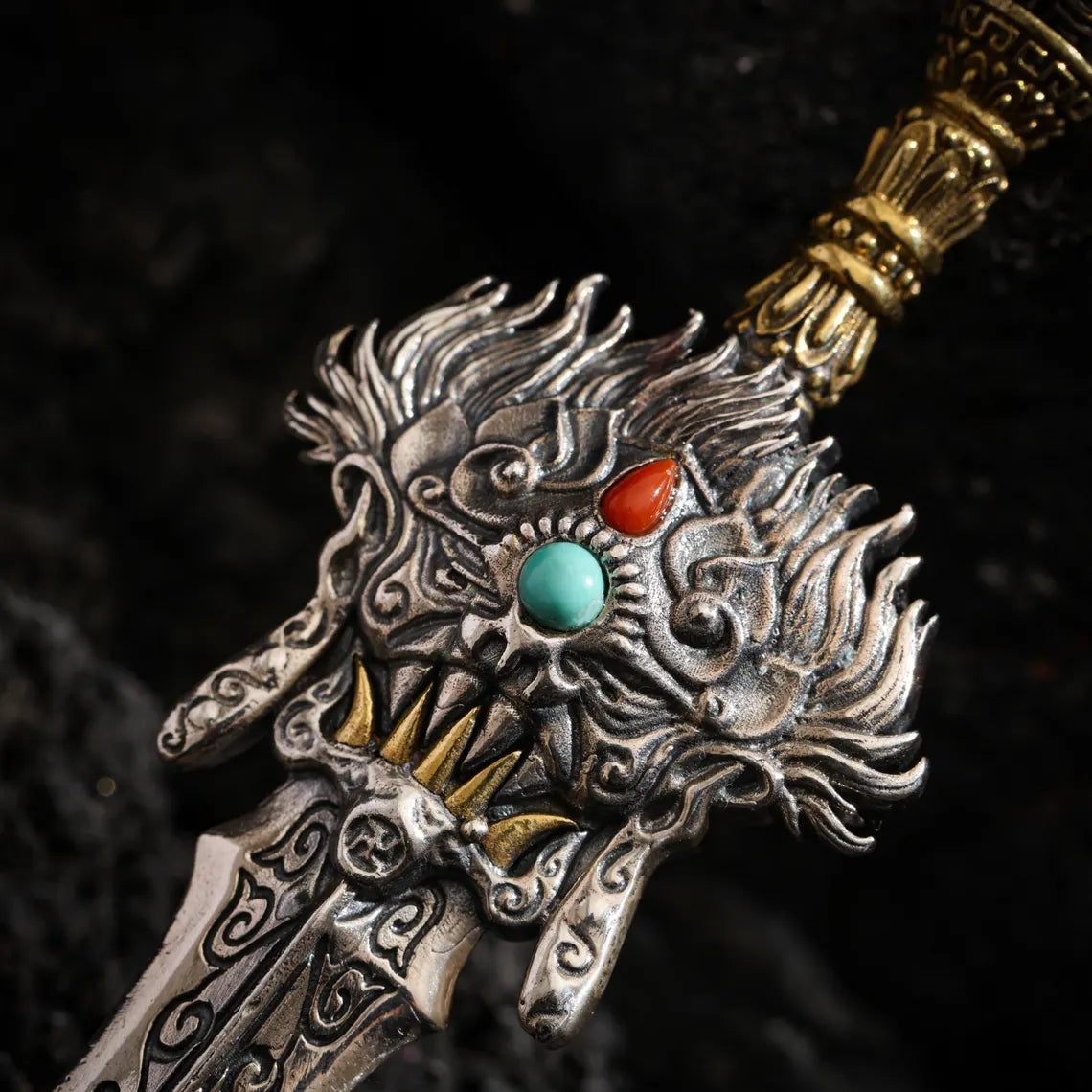 Dharma Deer Phurba Dagger Sword Pendant Two-Tone Tibetan Statement Necklace