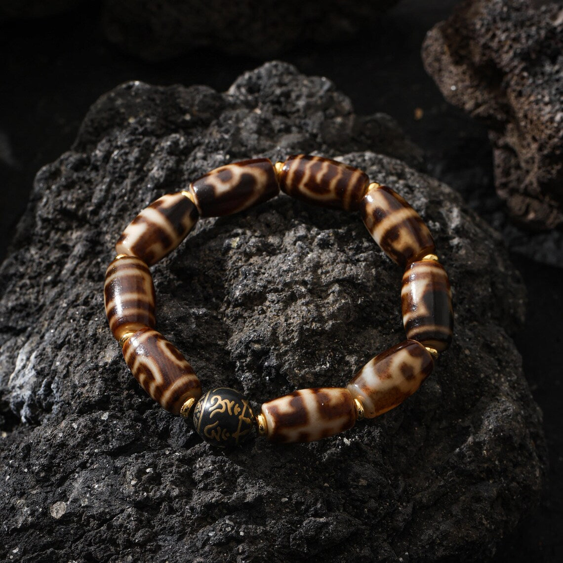Dharma Deer Tibetan Dzi Bead Bracelet, Om Mani Padme Hum Accent Bead
