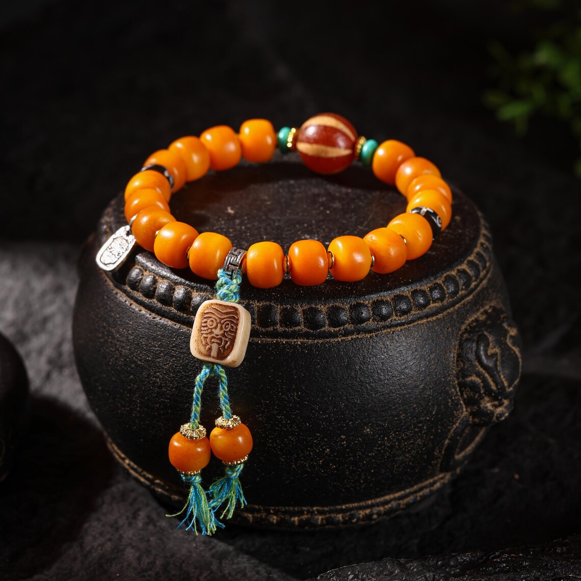 Dharma Deer Tibetan Sacred Yak Bone Bracelet Dzi & Zaki