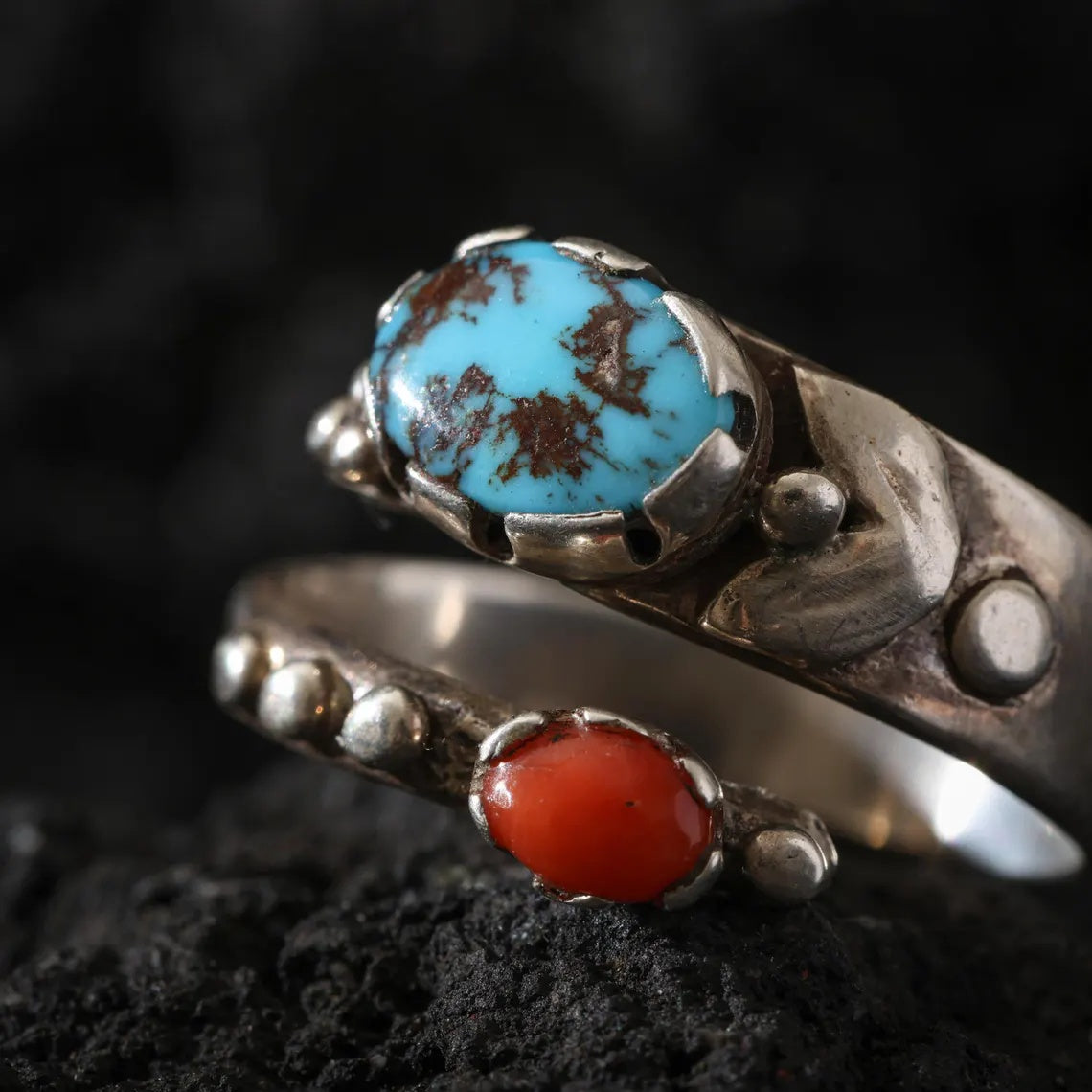 Dharma Deer Turquoise & Red Agate Sterling Silver Ring | Adjustable Open Band | Handmade Statement Ring