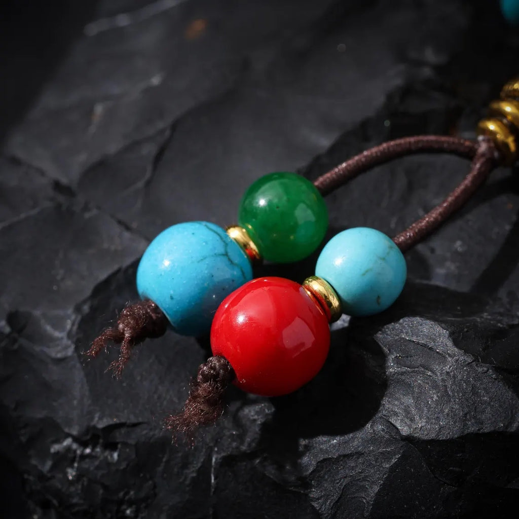 Dharma Deer Tibetan Yak Bone Bracelet with Turquois, Red Agate Accents