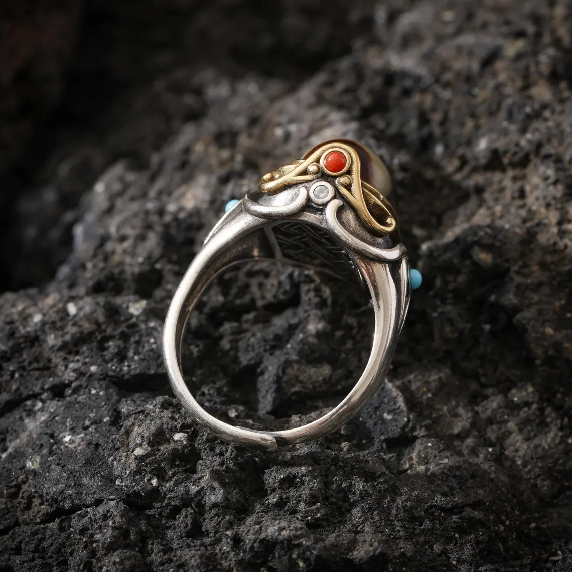 Dharma Deer Three-Eyed Dzi Ring Sterling Silver Adjustable Tibetan Statement Ring