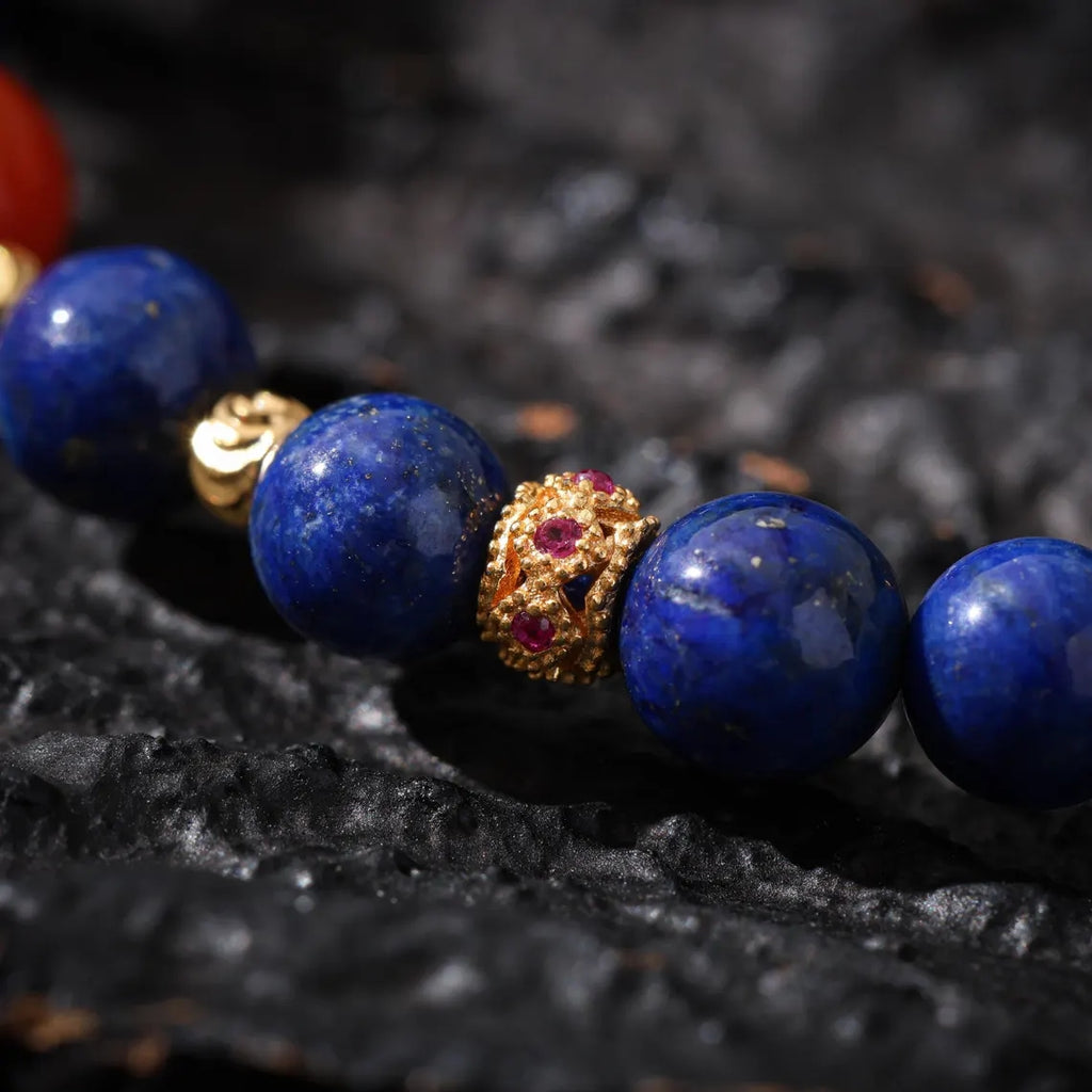 Dharma Deer Lapis Lazuli bracelet Red Agate, Ruby, Gold-plated