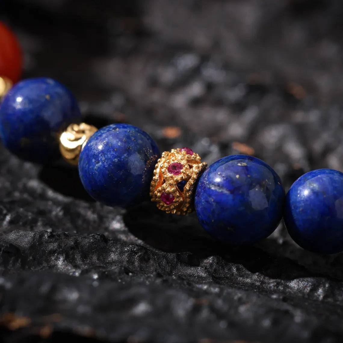 Dharma Deer Lapis Lazuli bracelet Red Agate, Ruby, Gold-plated
