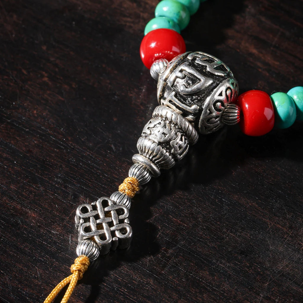 Dharma Deer Turquoise Dzi Bead Necklace 108 Mala BeadsTibetan Talisman