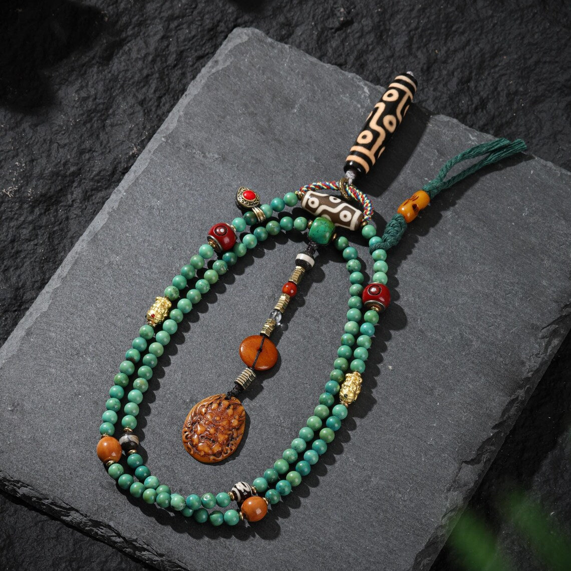 Dharma Deer Turquoise Nine-Eyed Dzi Necklace