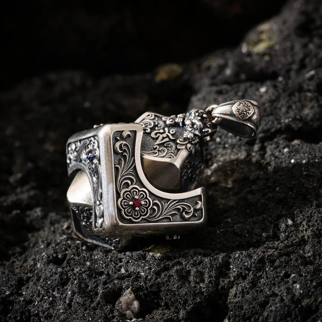 Dharma Deer Om Mantra Cube Dice Pendant, Sterling Silver Rotating Talisman Necklace, Gemstone Accents