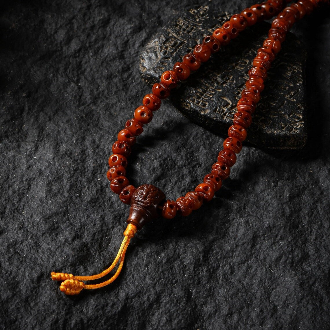 Dharma Deer Yak Bone Skull Necklace 108 Mala Beads