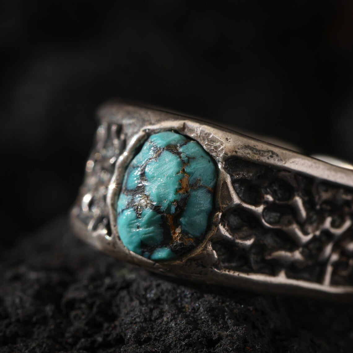 Dharma Deer Turquoise Sterling Silver Ring | Engraved Adjustable Statement