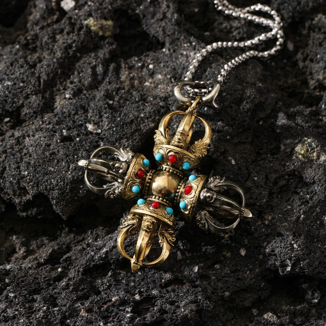 Dharma Deer Cross Vajra Pendant Necklace Tibetan Amulet