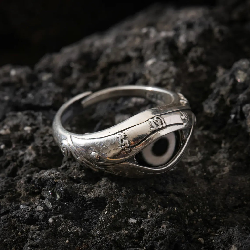 Dharma Deer Dzi Ring Sterling Silver Adjustable Tibetan Statement Ring