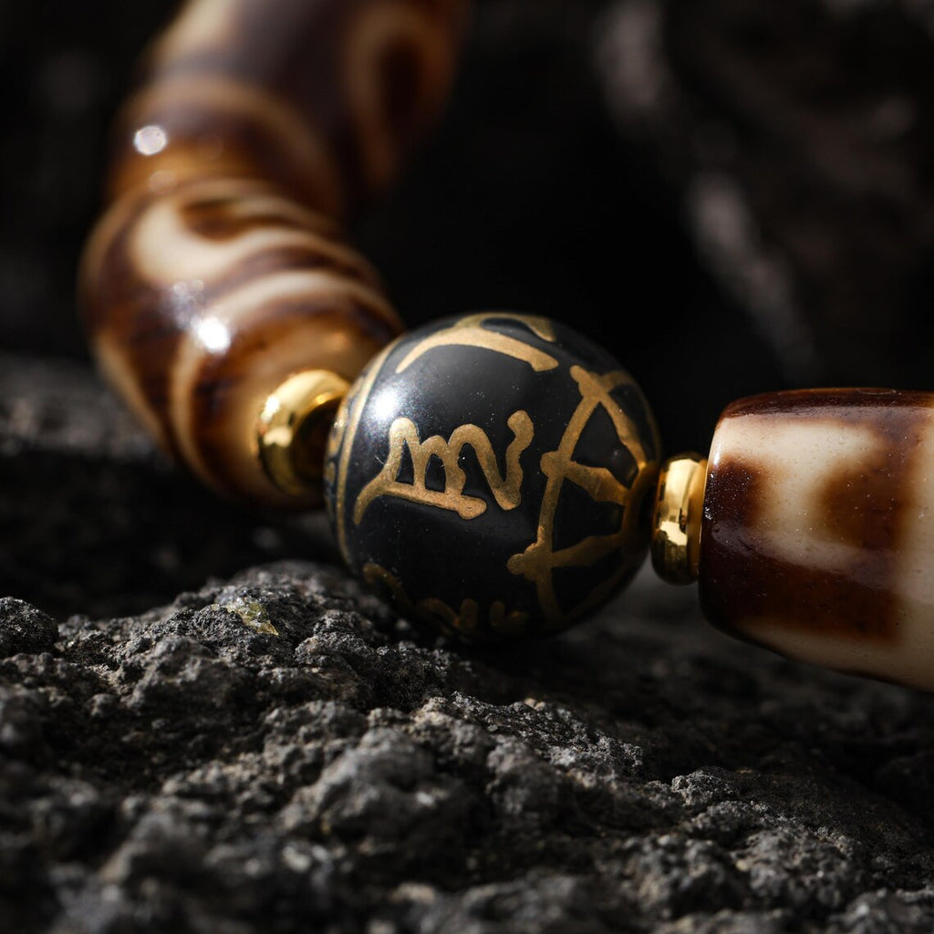 Dharma Deer Tibetan Dzi Bead Bracelet, Om Mani Padme Hum Accent Bead