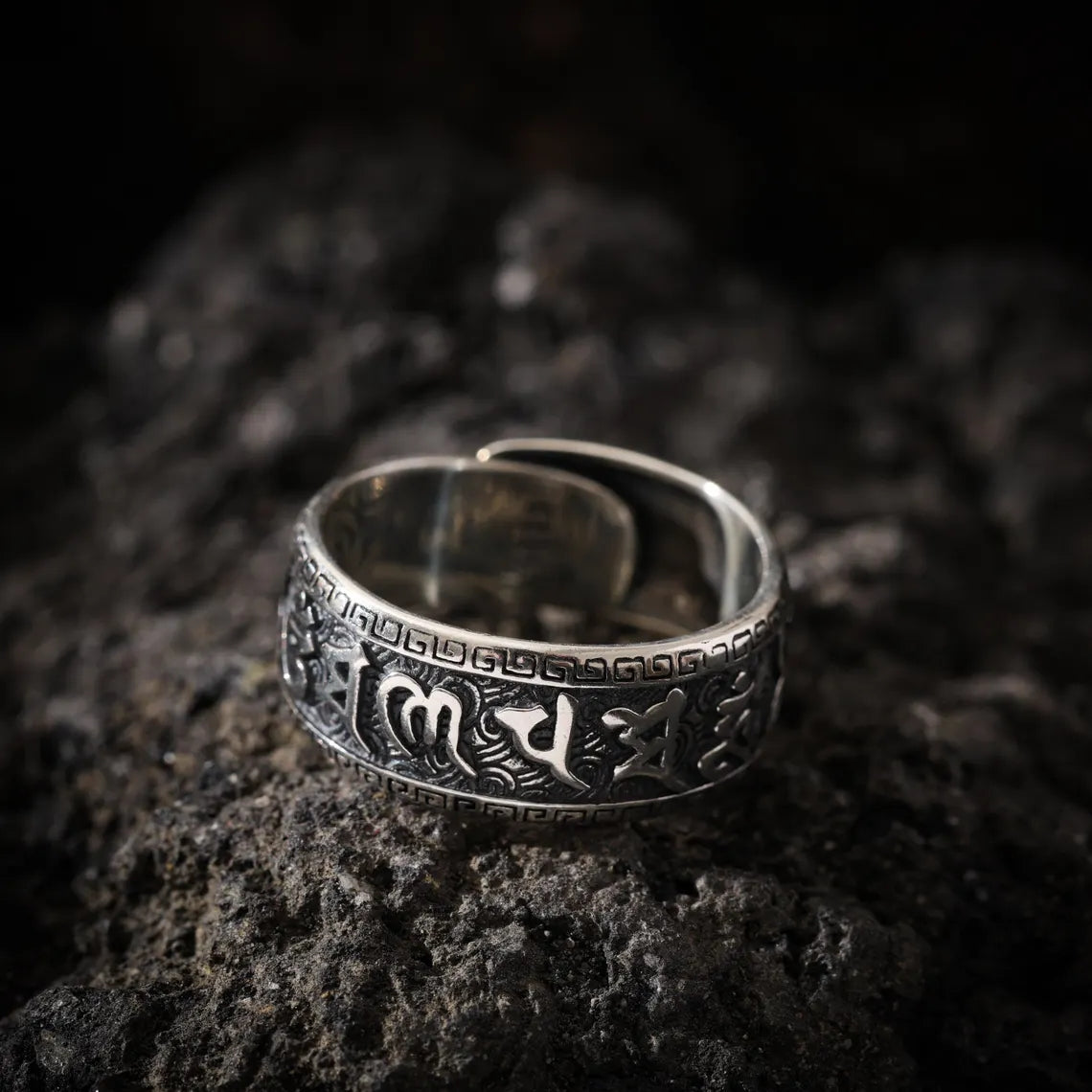 Dharma Deer Om Mani Padme Hum Ring Tibetan Mantra Band Adjustable Silver Ring