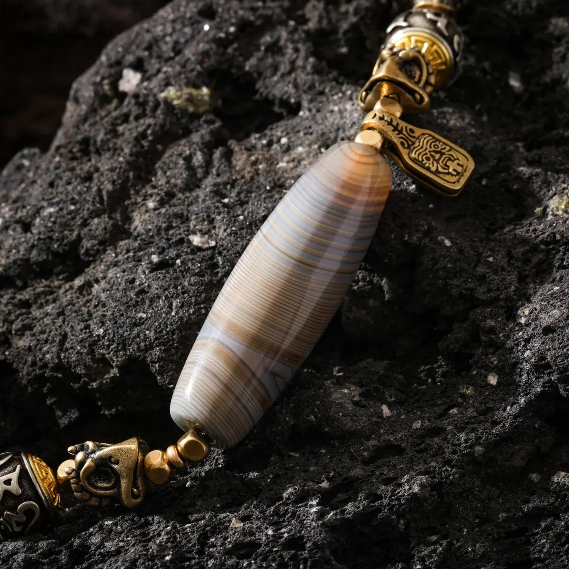 Dharma Deer Blue Agate Dzi Pendant Necklace, Om Mani Padme Hum, Garuda, Zaki Charms