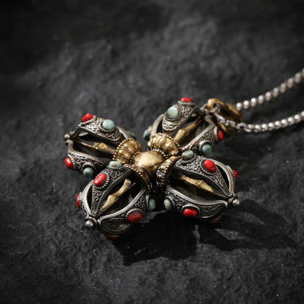 Dharma Deer Cross Vajra Pendant Tibetan Amulet